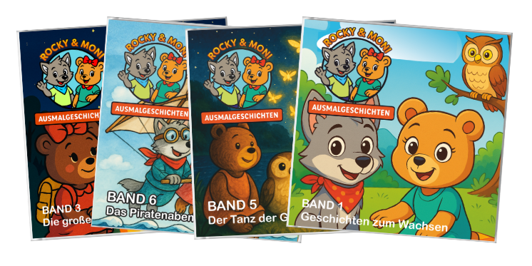 Mockup Hefte Rocky und Moni, Ausmalgeschichten, Ausmalbilder, Bilder zum Ausmalen
